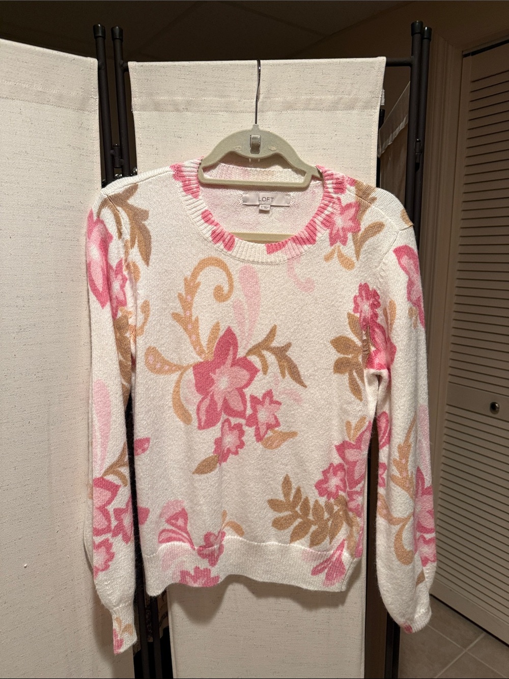LOFT Cream Floral Crewneck Sweater with Pink and Tan Accents